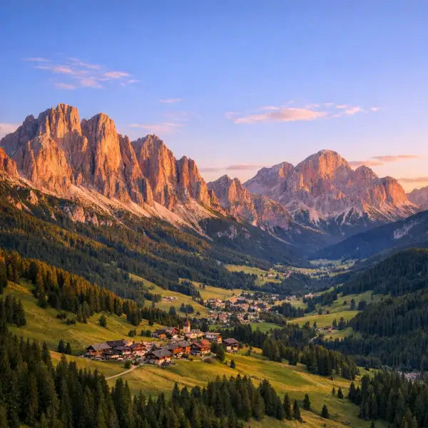 Panorama des Dolomites en Italie du nord avec sommets calcaires et vallée alpine verdoyante.