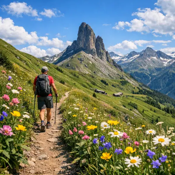 Sentier de randonnée dans le Beaufortain avec vue sur la Pierra Menta et les alpages savoyards.