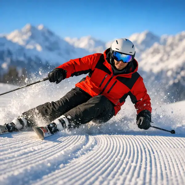 Skieur en plein virage carving sur piste damée avec traces nettes dans la neige.