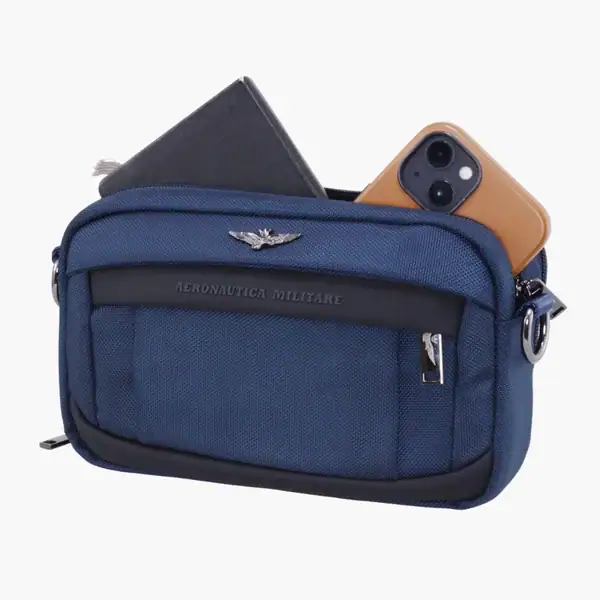 borsello linea lightning blu con smartphone e taccuino