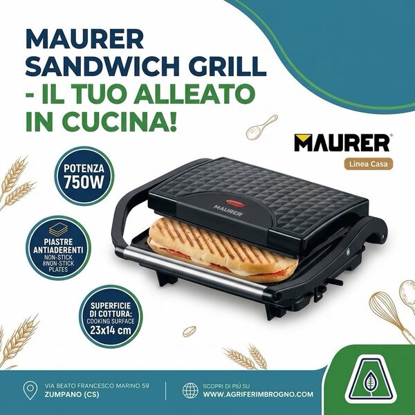 Sandwich Grill MAURER 750 W - Piastra
Sandwich Antiaderente 23 × 14 cm -
Tostiera Elettrica per Panini e Toast