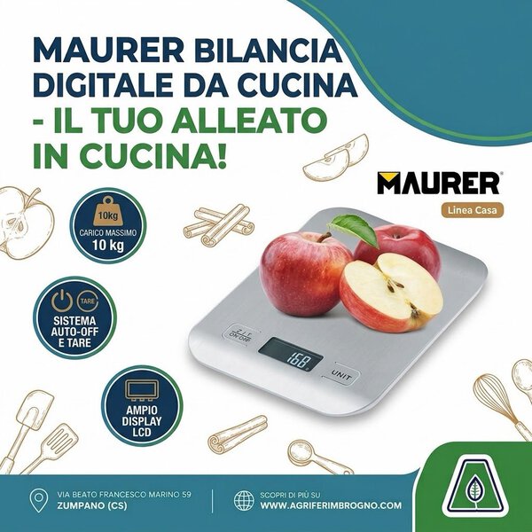 Bilancia Digitale da Cucina Maurer Linea Casa – Portata Max 10 kg, Display LCD, Funzione TARA e Spegnimento Automatico