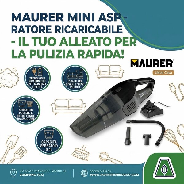 Maurer Mini Aspiratore Ricaricabile Linea Casa – Aspirabriciole Senza Fili con Serbatoio da 0.4L e Kit Accessori Multi-Superficie