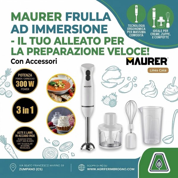 Frullatore ad Immersione Maurer Linea Casa 3 in 1 – Minipimer 300W con Aste e Lame in Acciaio Inox, Tritatutto, Frusta e Bicchierino Graduato
