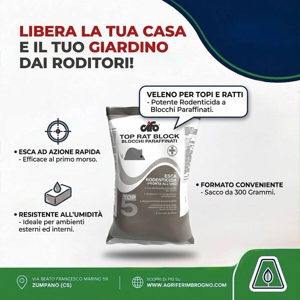 Cifo Top Rat Block 5 - Veleno per Topi e Ratti in Blocchi Paraffinati (Sacco da 300g)