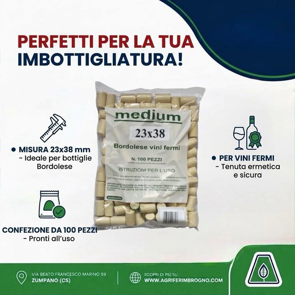 Tappi Sintetici Enolandia Medium 23x38 mm per Bottiglie Bordolesi – Confezione da 100 Pezzi