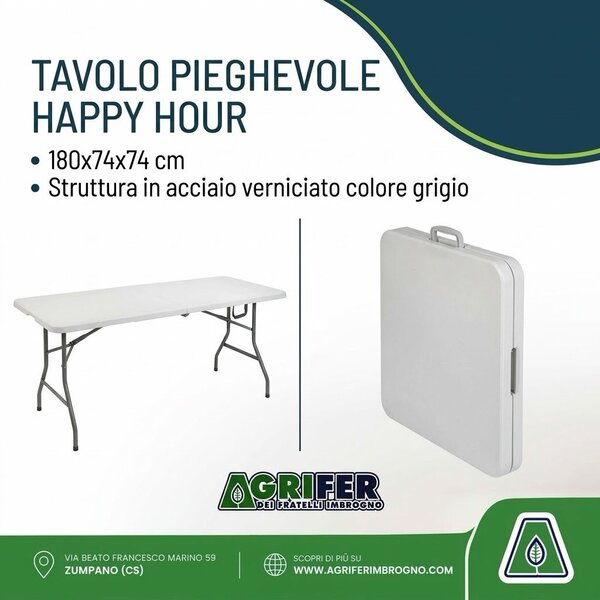 Tavolo Pieghevole Portatile Happy Hour 180x74x74 cm - Struttura in Acciaio Grigio con Chiusura a Valigetta