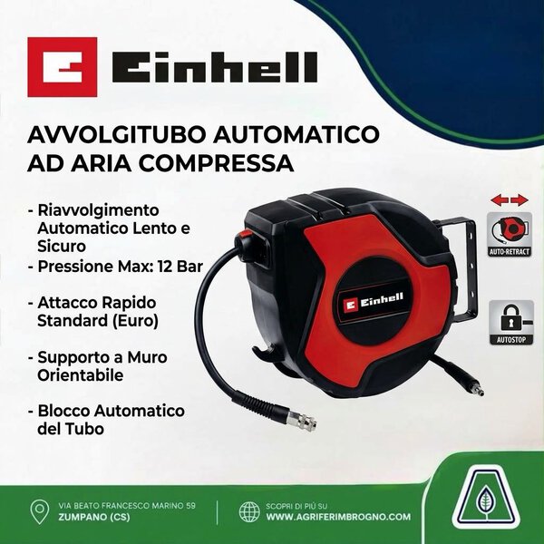 Avvolgitubo Automatico ad Aria Compressa Einhell TC-PH 150 – 15 Metri con Blocco e Riavvolgimento Rallentato