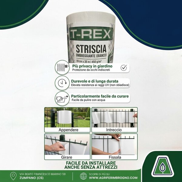 Striscia Ombreggiante e Frangivista T-REX Bianco per Recinzioni (19 cm x 35 m – 450 g/m²) – Telo Privato in PVC Modellabile per Giardino e Balcone