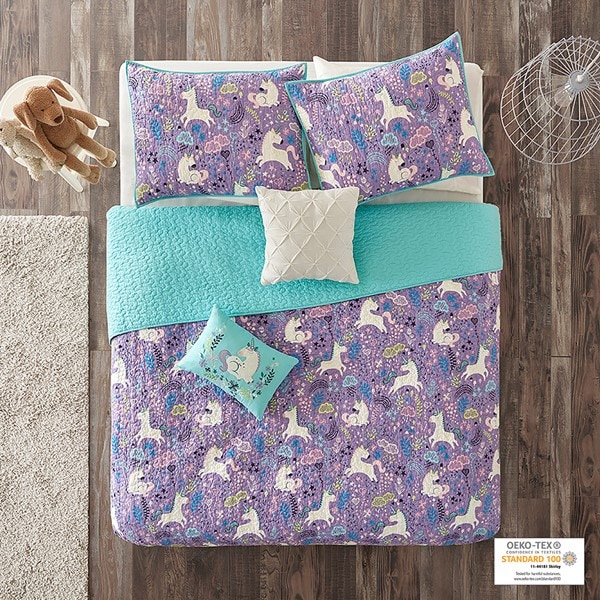 Urban Habitat Kids Lola Unicorn Reversible Cotton  Quilt Set with Throw Pillows in Purple, Twin UHK13-0052
