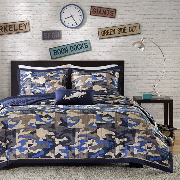 Mi Zone Josh Reversible Camouflage Quilt Set with Throw Pillow in Blue, Twin/Twin XL MZ80-307