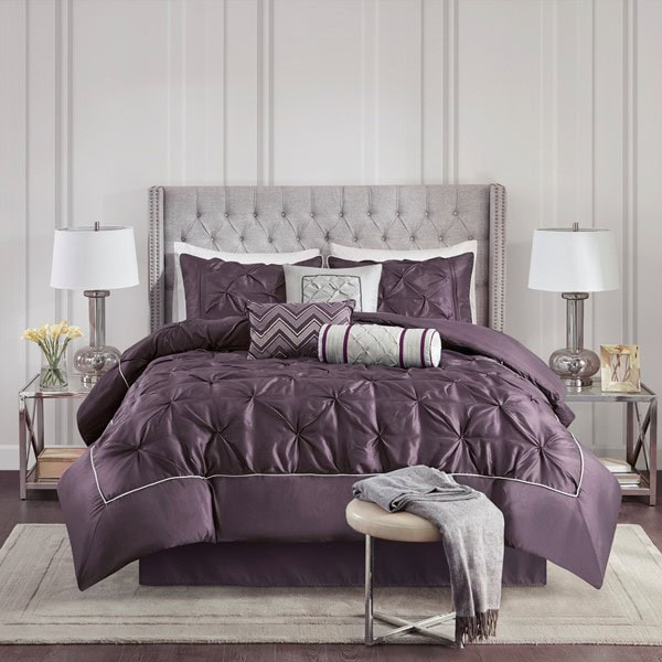 Madison Park Laurel 100% Polyester Pieced Pleated 7pcs Tufted Comforter Set in Plum, Queen TT10-0028