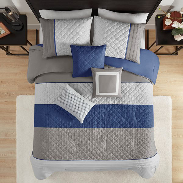 Madison Park Jenson 7 Piece Color Block Stripe Comforter Set with Throw Pillows in Blue, Queen MP10-8321 - Image 4