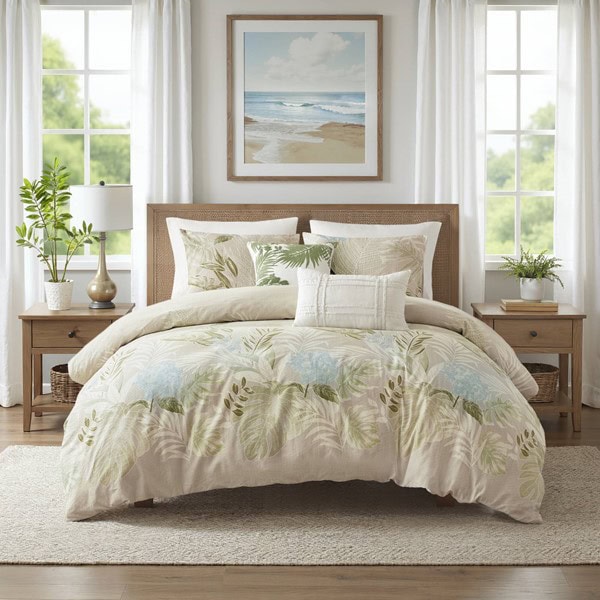 Harbor House Blue Kiawah Island 5 Piece Cotton Duvet Cover Set with Throw Pillow in Taupe, Full/Queen HH12-1985