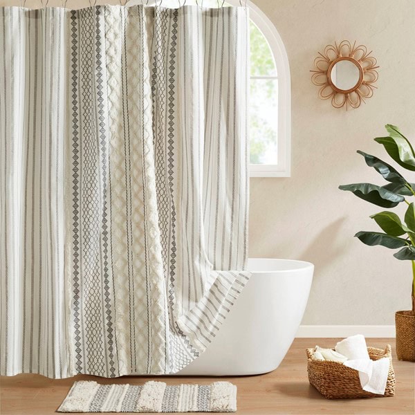 INK+IVY Imani Cotton Printed Shower Curtain with Chenille in Ivory, 72x84" II70-1326