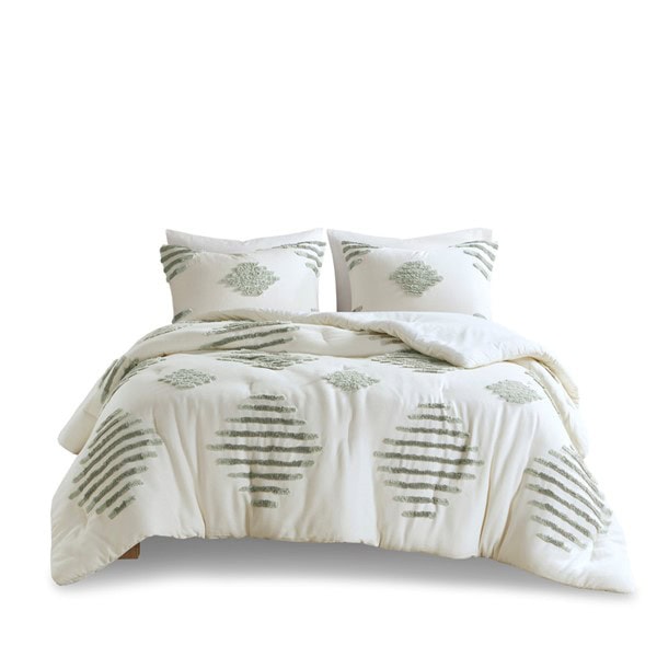 INK+IVY Tahli 3 Piece Cotton Blend Chenille Comforter Set in Green/Ivory, Full/Queen II10-1311 - Image 3