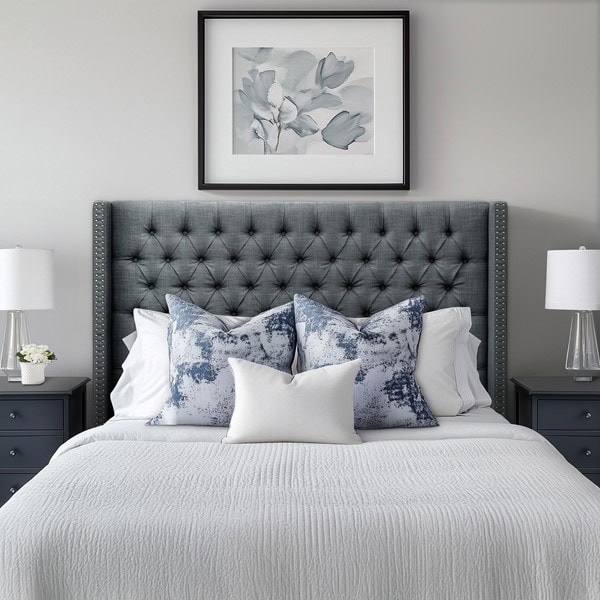 Madison Park Amelia Upholstered Wingback Headboard with Button Tufting & Nailhead Trim in Dark Grey Woven, Queen/Full MP116-1292