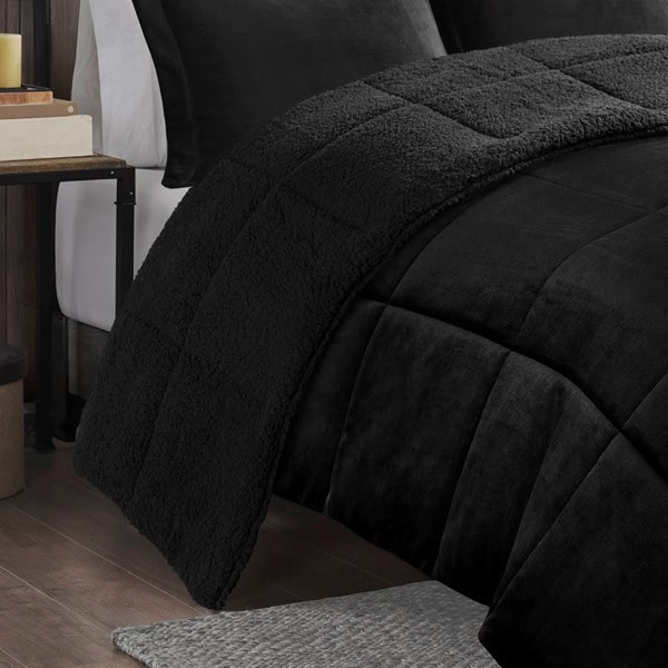 Woolrich Alton Plush to Sherpa Down Alternative Comforter Set in Black/Black, King WR10-4107 - Image 2