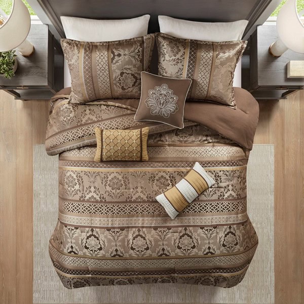 Madison Park Bellagio 7 Piece Jacquard Comforter Set in Brown/Gold, Queen MP10-4533 - Image 3
