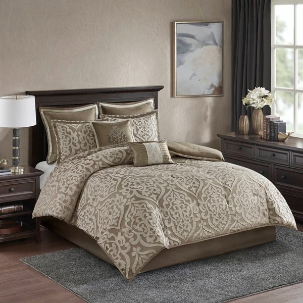 Madison Park Odette 8 Piece Jacquard Comforter Set in Tan/Ivory, Queen MP10-6287 - Image 4