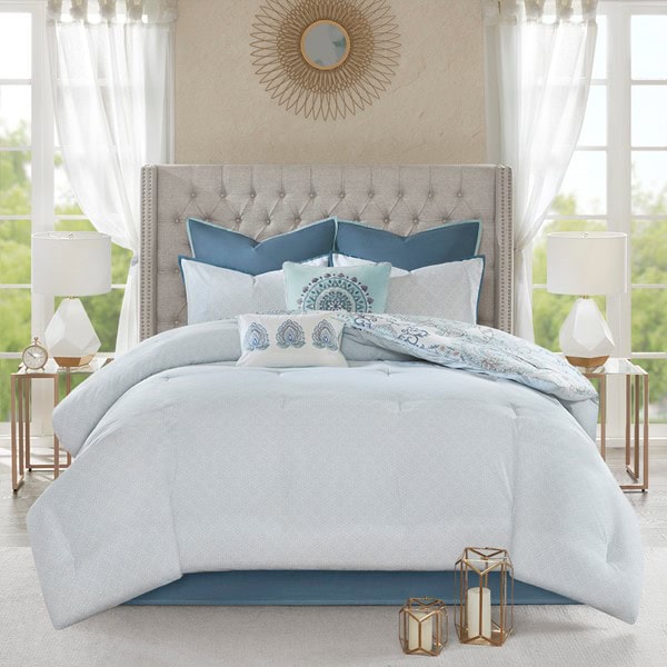 Madison Park Isla 8 Piece Cotton Floral Printed Reversible Comforter Set in Blue, Queen MP10-5803 - Image 3