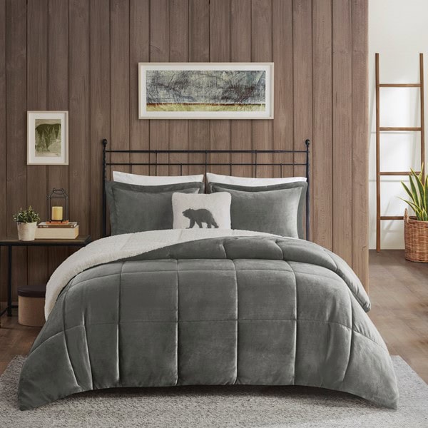 Woolrich Alton Plush to Sherpa Down Alternative Comforter Set in Charcoal/Ivory, Full/Queen WR10-2887 - Image 4