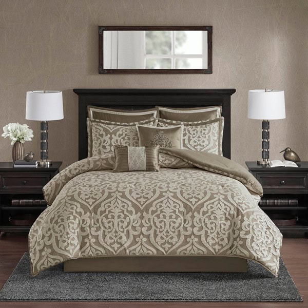 Madison Park Odette 8 Piece Jacquard Comforter Set in Tan/Ivory, King MP10-6288