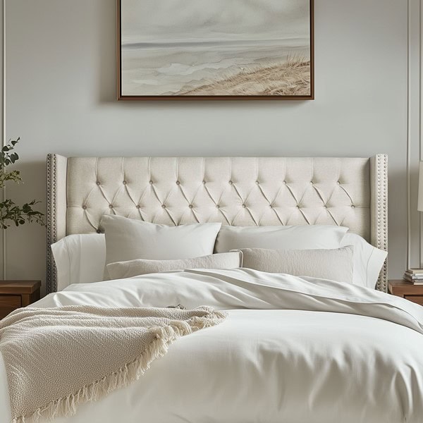 Madison Park Amelia Upholstered Wingback Headboard with Button Tufting & Nailhead Trim in Cream, King MP116-0356