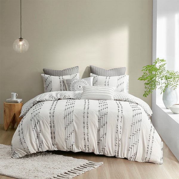 INK+IVY Kara 3 Piece Cotton Jacquard Duvet Cover Set in Ivory, Full/Queen II12-1268 - Image 5