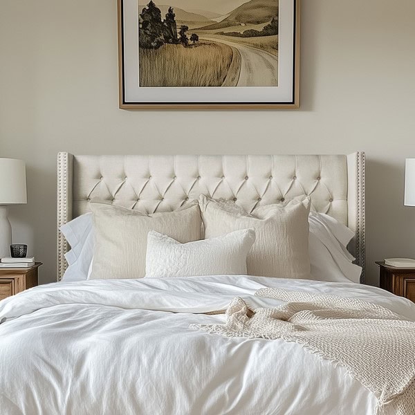 Madison Park Amelia Upholstered Wingback Headboard with Button Tufting & Nailhead Trim in Cream, Queen/Full MP116-0355