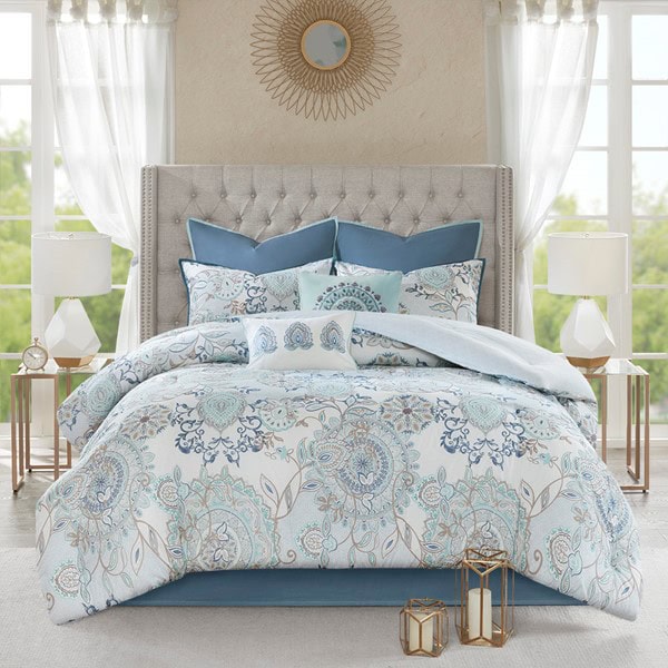 Madison Park Isla 8 Piece Cotton Floral Printed Reversible Comforter Set in Blue, King MP10-5804 - Image 2