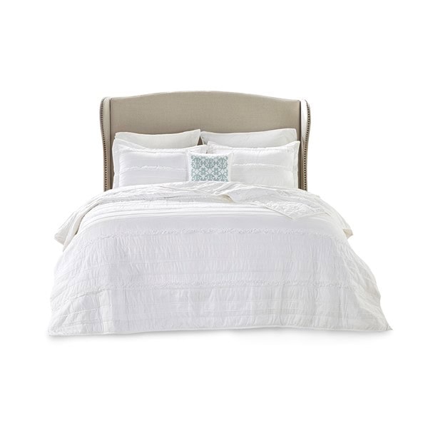 Madison Park Celeste 4 Piece Microfiber Reversible Ruffle Quilt Set with Throw Pillow in White, Full/Queen MP13-2532 - Image 3