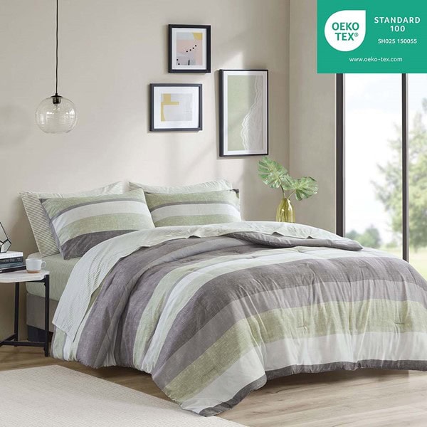 Madison Park Essentials Jaxon Stripe Comforter Set with Bed Sheets in Green/Grey, King MPE10-1071 - Image 2