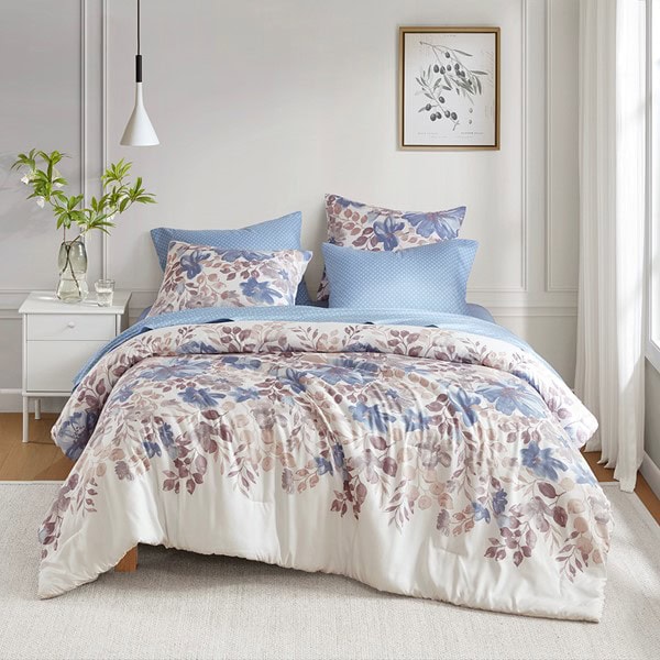 Madison Park Essentials Luna Floral Comforter Set with Bed Sheets in Blue, Queen MPE10-1060 - Image 2