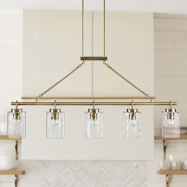 INK+IVY Curiana 5-light Linear Chandelier with Textured Glass Shades in Antique Brass, One Size FB150-1191