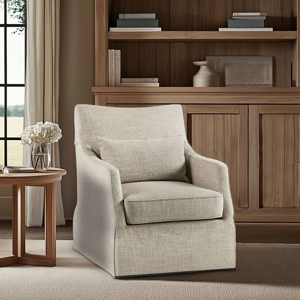Martha Stewart London Upholstered Skirted Swivel Armchair with Lumbar Pillow in Beige Multi, One Size MT103-1199 - Image 2
