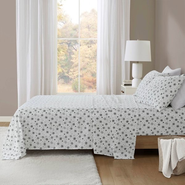 True North by Sleep Philosophy Cozy Cotton Flannel Printed Sheet Set in Black Snowflakes, King TN20-0617