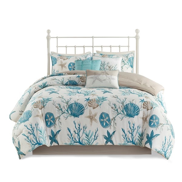 Madison Park Pebble Beach 7 Piece Cotton Sateen Comforter Set in Aqua, Queen MP10-8072 - Image 4