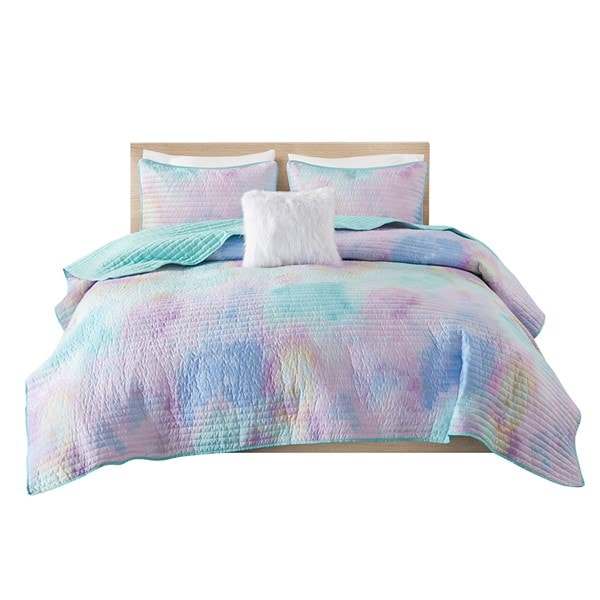 Intelligent Design Cassiopeia Watercolor Tie Dye Printed Quilt Set with Throw Pillow in Aqua, Twin/Twin XL ID13-2289 - Image 5