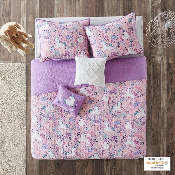 Urban Habitat Kids Lola Unicorn Reversible Cotton  Quilt Set with Throw Pillows in Pink, Twin UHK13-0102