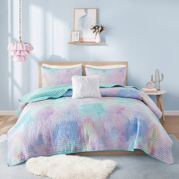 Intelligent Design Cassiopeia Watercolor Tie Dye Printed Quilt Set with Throw Pillow in Aqua, Twin/Twin XL ID13-2289 - Image 2