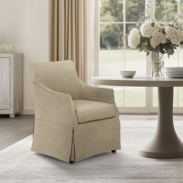 Martha Stewart London Upholstered Skirted Dining Arm Chair with Hidden Casters in Beige, One Size MT108-0181