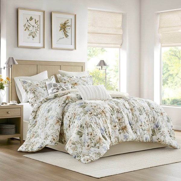 Harbor House Blue Herbal 6 Piece Cotton Sateen Print Oversized Comforter Set, King HH10-1876