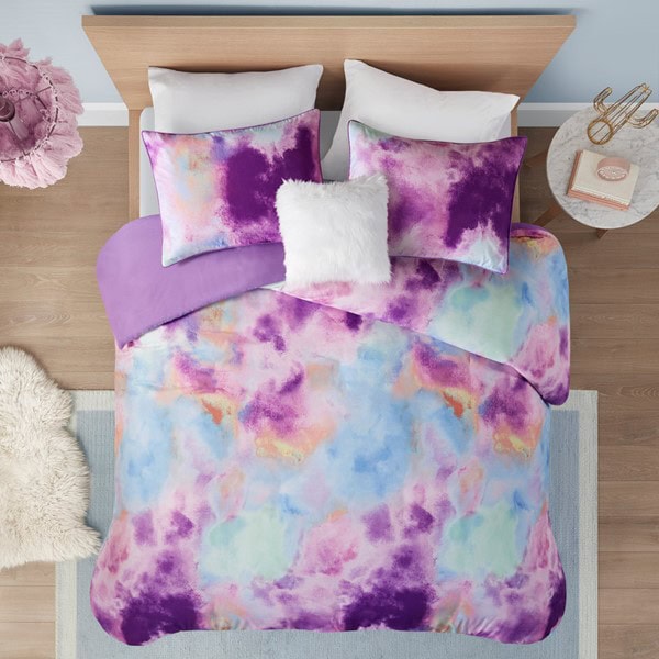 Intelligent Design Cassiopeia Watercolor Tie Dye Printed Duvet Cover Set with Throw Pillow in Lavender, Twin/Twin XL ID12-2258 - Image 2