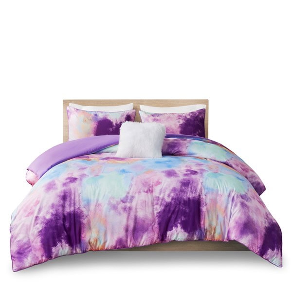 Intelligent Design Cassiopeia Watercolor Tie Dye Printed Duvet Cover Set with Throw Pillow in Lavender, King/Cal King ID12-2260 - Image 3