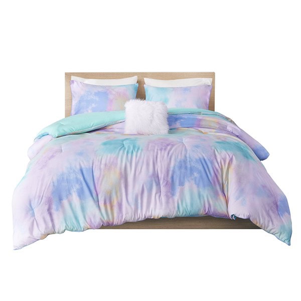 Intelligent Design Cassiopeia Watercolor Tie Dye Printed Comforter Set with Throw Pillow in Aqua, King/Cal King ID10-2261 - Image 5