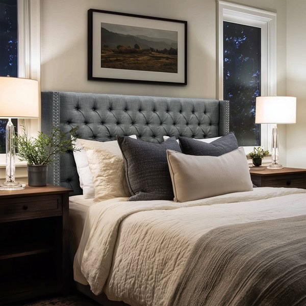 Madison Park Amelia Upholstered Wingback Headboard with Button Tufting & Nailhead Trim in Dark Grey Woven, Queen/Full MP116-1292 - Image 2