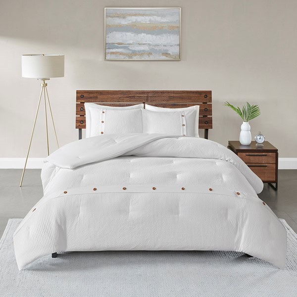 Madison Park Finley 3 Piece Cotton Waffle Weave Comforter Set in White, Full/Queen MP10-5624 - Image 5