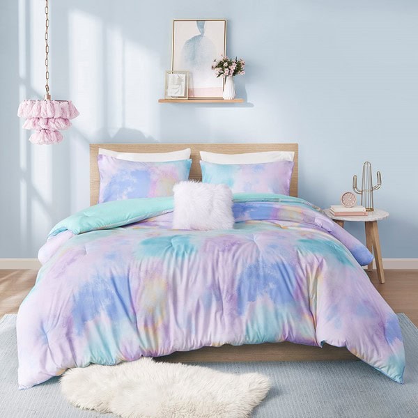 Intelligent Design Cassiopeia Watercolor Tie Dye Printed Comforter Set with Throw Pillow in Aqua, King/Cal King ID10-2261 - Image 3