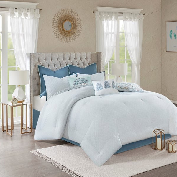 Madison Park Isla 8 Piece Cotton Floral Printed Reversible Comforter Set in Blue, Queen MP10-5803 - Image 4